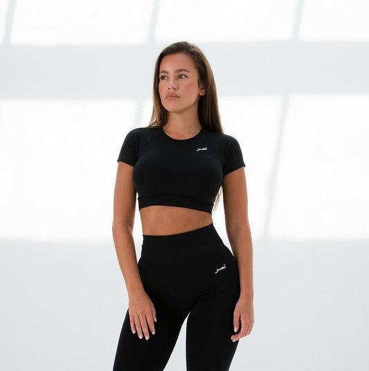 Seamless Short Sleeve Crop Top - Black